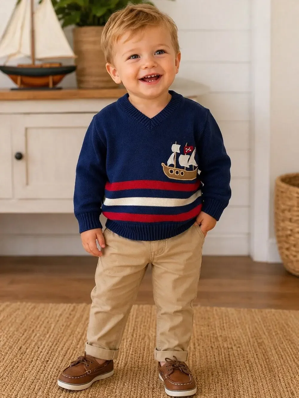 Gymboree Boys 18-24 Months Navy Pirate Ship V-Neck Sweater 100% Cotton Nautical